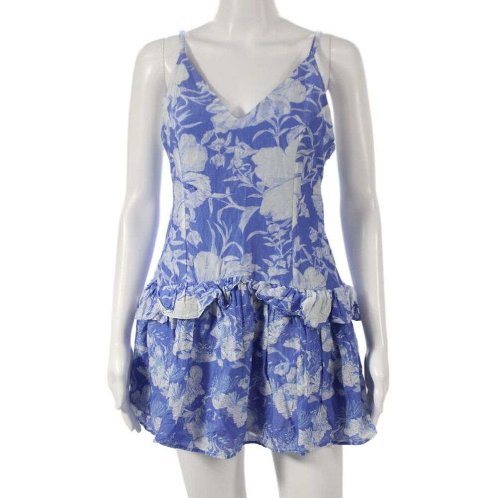 Love Shack Fancy Womens Blue Floral V Neck Sleeveless Mini Dress Size 6